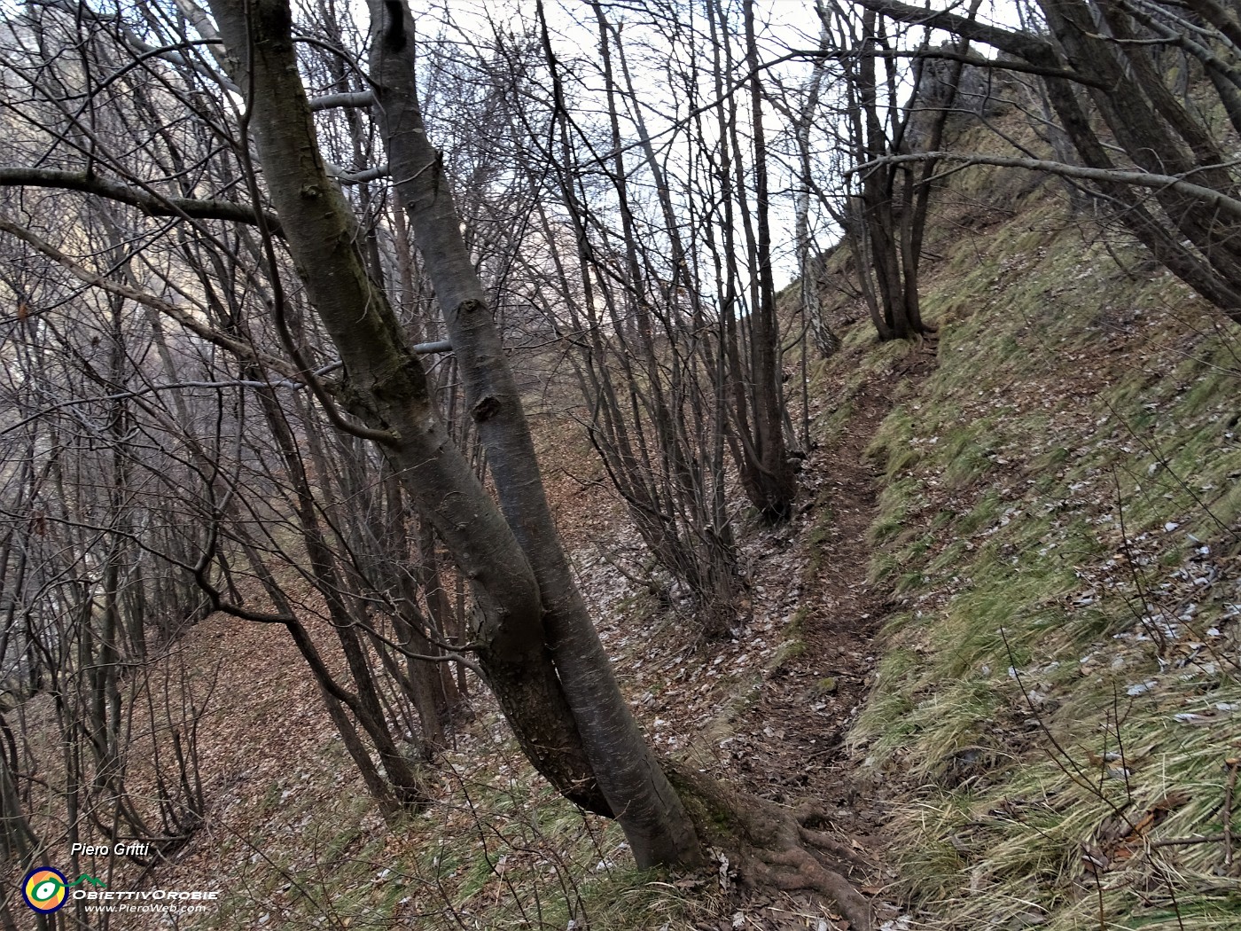 48 Scendendo con attenzione il sentiero 'difficile' per il colletto di base da dove salire al Monte Costone.JPG
